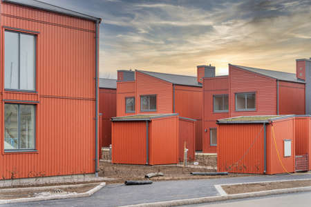 Street with Scandinavian style just finished townhouses or condominium apartmentsの写真素材