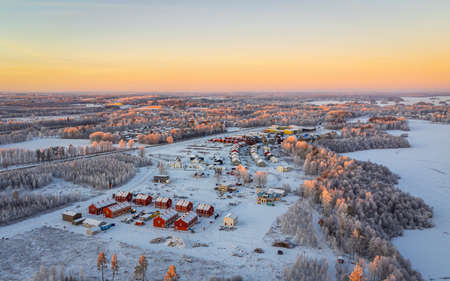 Aerial view of residential houses at winter. Scandinavian neighborhood, suburb.の写真素材