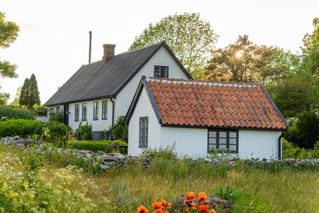 Image of beautiful garden with apple trees, flowers and scandinavian style summer houseの写真素材