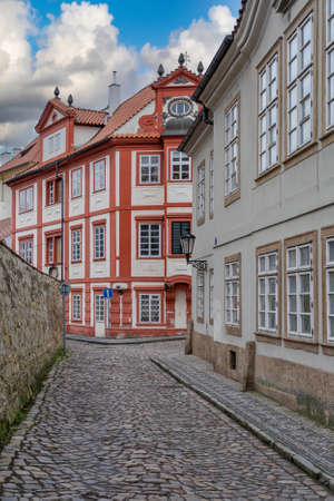 Old narrow street with stone road and lanterns in Visby, Swedenの写真素材