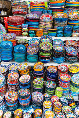 Turkish traditional design ceramic plates in the market Old Bazaar in Istanbulの写真素材