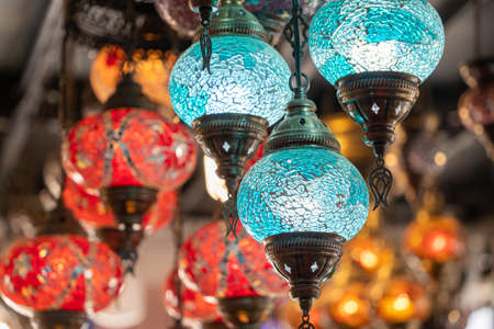 Colorful Turkish lanterns in the Grand Bazaar of Istanbul, Turkey. A popular souvenir for Touristsの写真素材