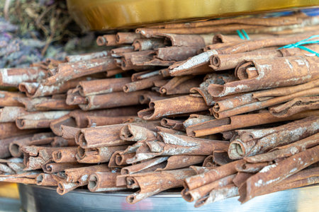 Cinnamon sticks on the marketplace shelf in Turkeyの写真素材