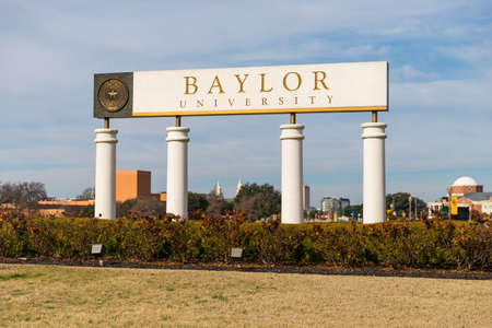 Waco, TX / USA: Baylor University Sign at the Entrance to Baylor University in Waco, Texas.のeditorial素材