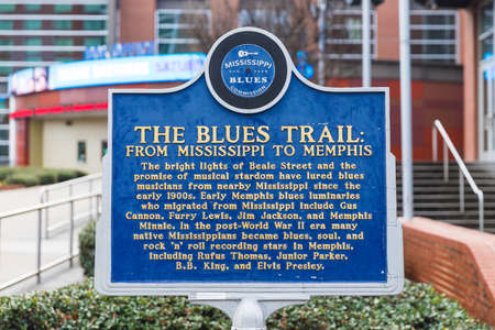 Memphis, TN / USA: The Blue Trail marker in downtown Memphis, TN