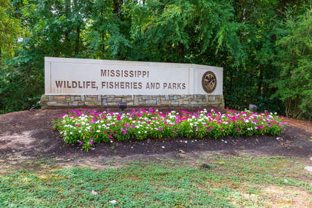 Jackson, MS, USA - July 2, 2020: Mississippi Department of Wildlife, Fisheries and Parks sign outside of headquarters in Jackson, MS. MDWFP.のeditorial素材
