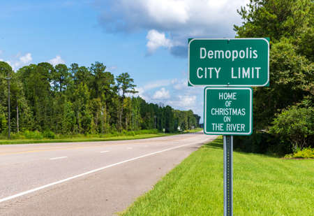 Demopolis, AL / USA - August 30, 2020: Demopolis City Limit sign along highway 80