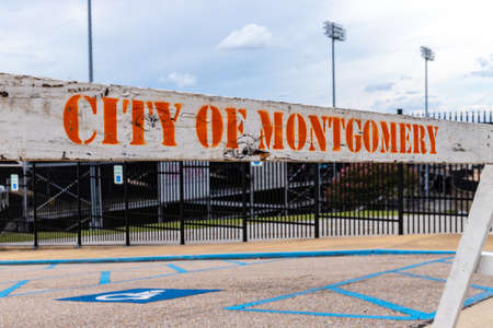 Montgomery, AL / USA - August 27, 2020: City of Montgomery road barricade blocking a parking lot entranceのeditorial素材