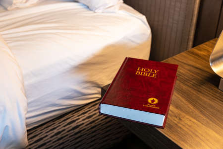 Memphis, TN, USA / September 3, 2020: Gideons Bible in hotel room on night standのeditorial素材