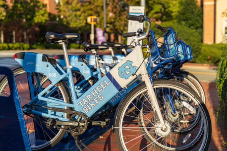 Chapel Hill, NC / USA - October 24, 2020: Tarheel Bikes, rental bicycles, on the Campus of UNC,...