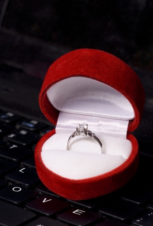 Wedding ring and box on a computer の写真素材