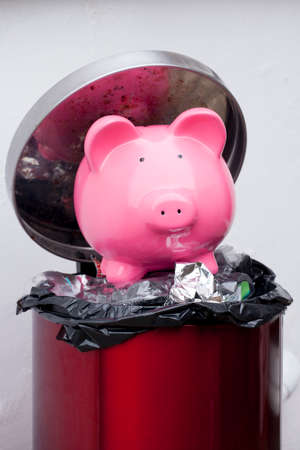 Piggy bank in a dust binの写真素材