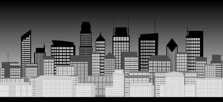 Group of high-rise buildings in the city at night in black and white styleのイラスト素材