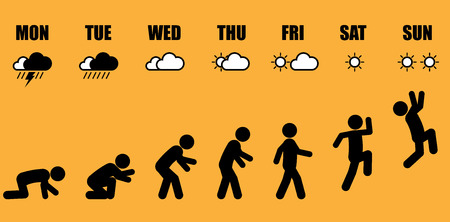 Abstract working life evolution cycle from Monday to Sunday concept in black stick figure style on...