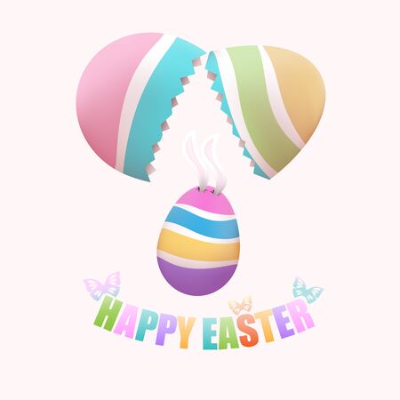 Colorful Easter egg with bunny's ears falling from broken egg, with butterflies on pastel backgroundのイラスト素材