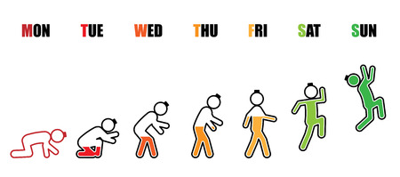 Abstract working life cycle from Monday to Sunday concept in stick figure and battery style on white backgroundのイラスト素材