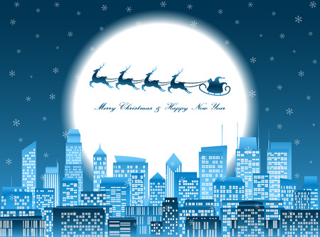 Merry christmas and happy new year celebration, santa claus riding reindeer sledge over a group of high-rise buildings in a city at night with glowing big moon and falling snowflakeのイラスト素材