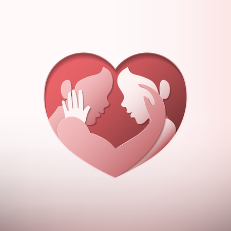 Happy Valentine's day, man and woman caressing each other in heart shaped frame in paper art styleのイラスト素材