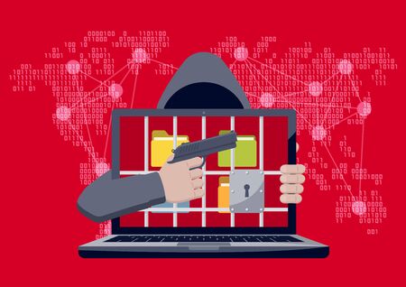 Anonymous hacker with hood pointing gun at locked laptop, with folders behind jail bars, as ransomware hostage on red binary code map backgroundのイラスト素材