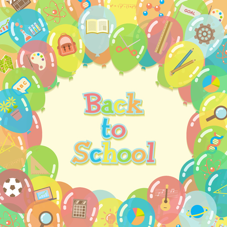 Back to school background surrounded by colorful transparent balloons with course and school item icons in flat styleのイラスト素材