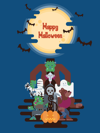 Halloween character group standing under glowing moon and clouds at night with bats in simple cartoon styleのイラスト素材