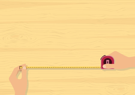 Hands measuring with tape measure on wood background for building, construction, repairing, renovation, engineering and DIY concept のイラスト素材