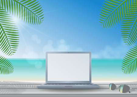 Laptop computer on front view with sunglasses on wooden desk in a sunny day under coconut trees shade on the beach, sea, clouds and clear blue sky backgroundのイラスト素材