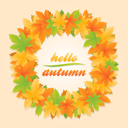 Hello autumn circle banner surrounded with frame of orange, yellow and green maple leaves on orange backgroundのイラスト素材