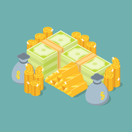 Group of money stack, gold bars, coins and moneybag in isometric viewのイラスト素材