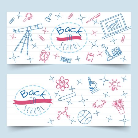 Back to school banners with school and class elements line art on notebook paperのイラスト素材