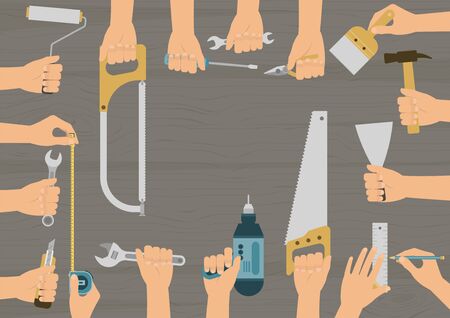 Realistic hands holding several construction, repair and DIY hand tools set on wood table backgroundのイラスト素材