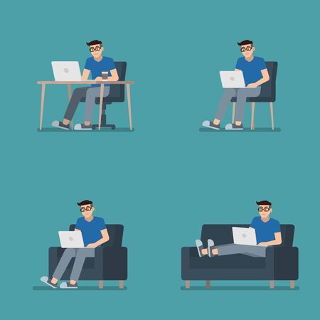 Set of man in casual clothes working on laptop computer sitting at desk, on chair, armchair and lying on sofa in flat cartoon styleのイラスト素材