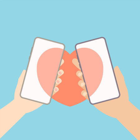 Online dating concept with hands of woman and man holding smartphones closely connected with red heart in flat cartoon styleのイラスト素材