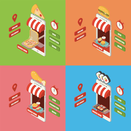 Online fast food order and delivery concept set, giant isometric smartphone with pizza, hamburger, fried chicken and sushi serving directly from mobileのイラスト素材
