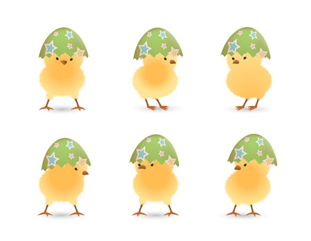 Chicks in upper part of broken Easter eggs with stars setのイラスト素材