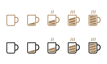 Battery level indicator in black and brown line and colored outline coffee mug icon from empty to fully charged setのイラスト素材