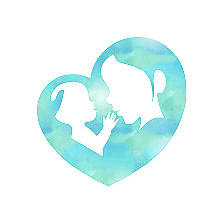 Mother holding a baby with her arm in heart shaped silhouette digital watercolor illustration with white negative spaceのイラスト素材