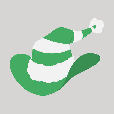 Green and white striped Christmas cowboy pointed elf hat with white fur trim and pompom hand drawn flat design illustrationのイラスト素材