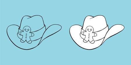 Christmas cowboy hat with gingerbread man cookie hand drawn black outline coloring book illustrationのイラスト素材