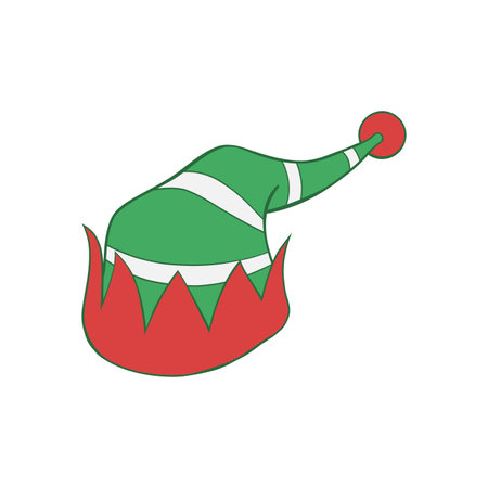 Green, white striped and red Christmas pointed elf hat hand drawn illustrationのイラスト素材
