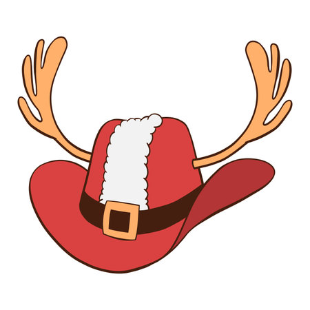 Red Christmas cowboy hat with reindeer antlers, Santa coat white fur trim and black belt hand drawn illustrationのイラスト素材