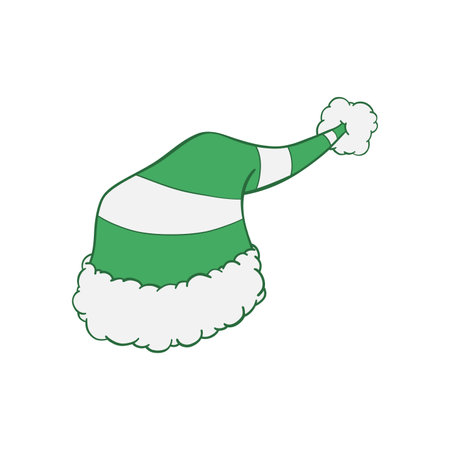 Green and white striped Christmas pointed elf hat with white fur trim and pompom hand drawn illustrationのイラスト素材