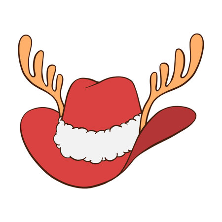 Red Christmas cowboy hat with gold reindeer antlers, Santa cap white fluffy fur trim hand drawn illustrationのイラスト素材