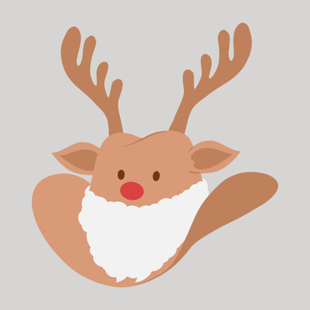 Christmas cowboy hat with reindeer antlers, Santa white fluffy beard, red nose, ears, and eyes hand drawn flat design illustrationのイラスト素材