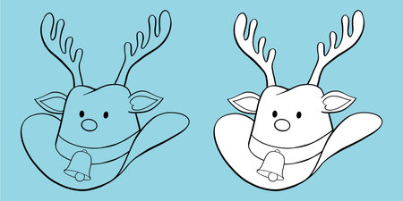 Christmas cowboy hat with reindeer antlers, nose, ears, eyes, bell and hatband hand drawn black outline coloring book illustrationのイラスト素材