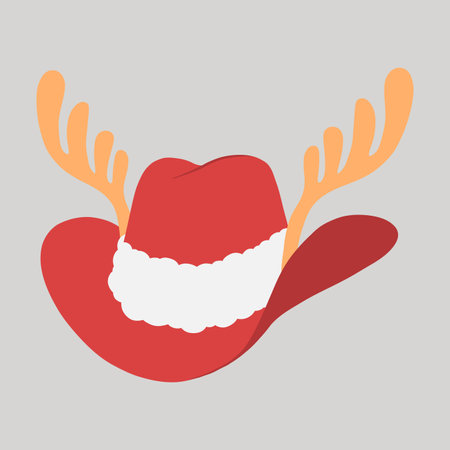 Red Christmas cowboy hat with gold reindeer antlers, Santa cap white fluffy fur trim hand drawn flat design illustrationのイラスト素材
