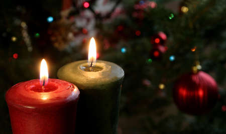 Christmas candles set against a tree.の写真素材