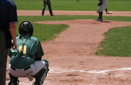 A shot from behind home plate, showing the catcher waiting for the pitch.の写真素材