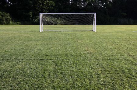 A soccer net with shot in bright sunlight with trees in the background.