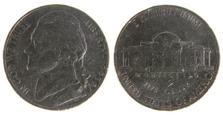 Both sides of an old (1993) US nickel, isolated on a white background. 